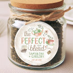 Tea Bridal Wedding Shower The Perfect Blend Favors Classic Round Sticker<br><div class="desc">These pretty stickers are perfect for your wedding or bridal shower tea favors. They include a watercolor teapot, teacup, and tea bag with floral accents in shades of green, pink, and brown. The design is framed with a round tea ring. The background has a very light mottled watercolor look. The...</div>