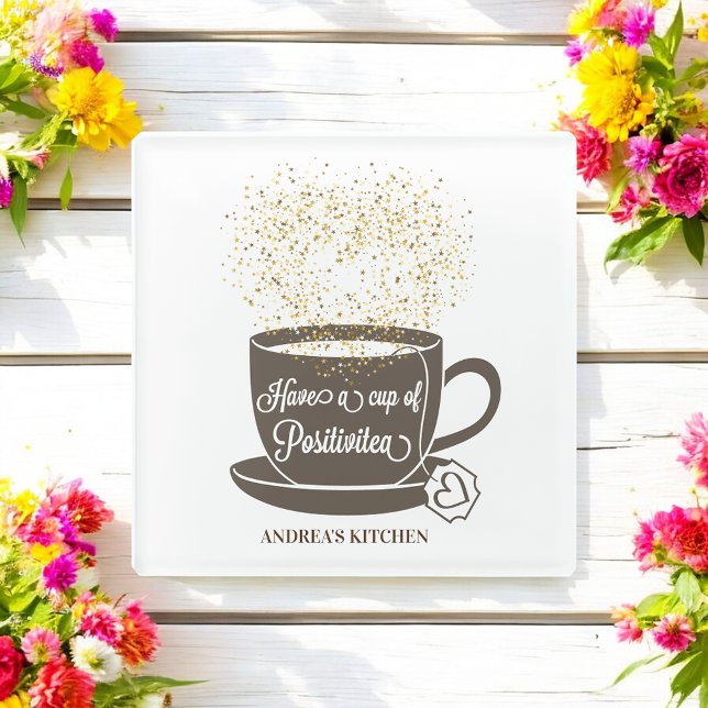 Tea Brown White Inspirational Quote Cafe Glass Coaster (Creator Uploaded)