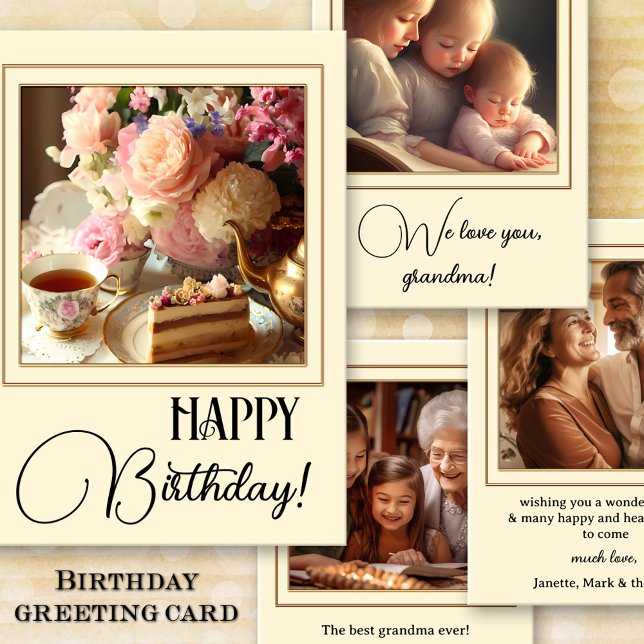 Tea Cake Photo Grandma Birthday Congratulations Card (A classic birthday congratulations card showing an image of tea and cake with roses and your photos)