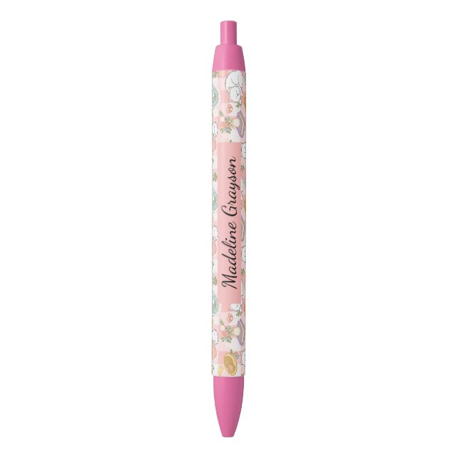 Tea Cats Bookish Gingham Girl Cute Pink Pen (Front Vertical)
