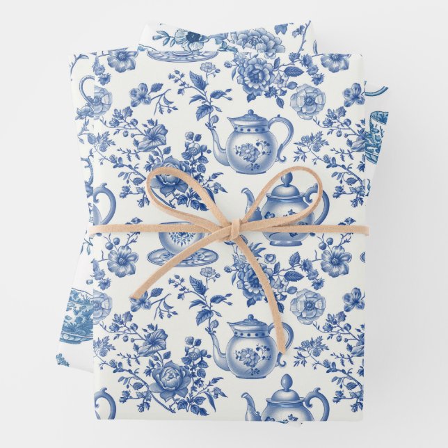 Tea Chinoiserie French Toile Du Jouy Pattern Wrapping Paper Sheets (In situ)