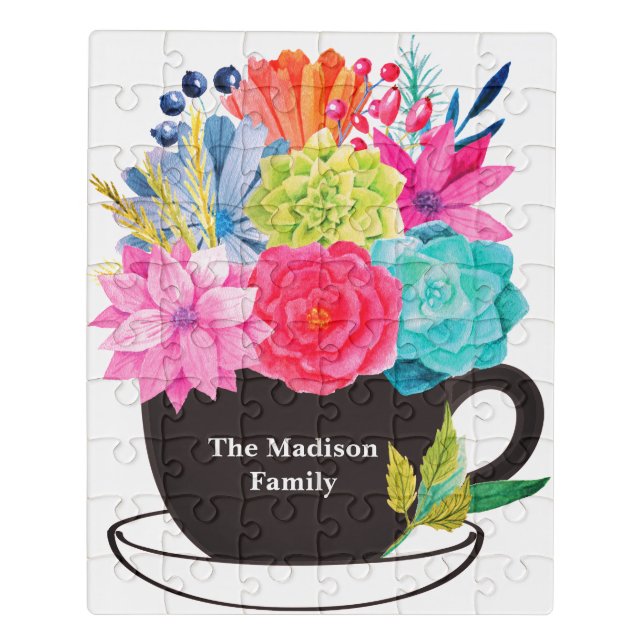 Tea Coffee Cup Red Blue Flowers Floral Puzzle (Puzzle Vertical)