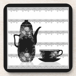 Tea coffee pot cup black white illustration retro beverage coaster
