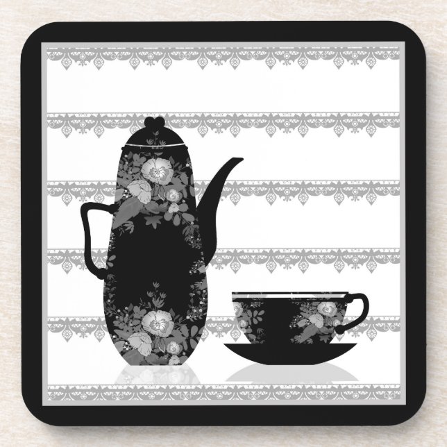 Tea coffee pot cup black white illustration retro beverage coaster (Front)