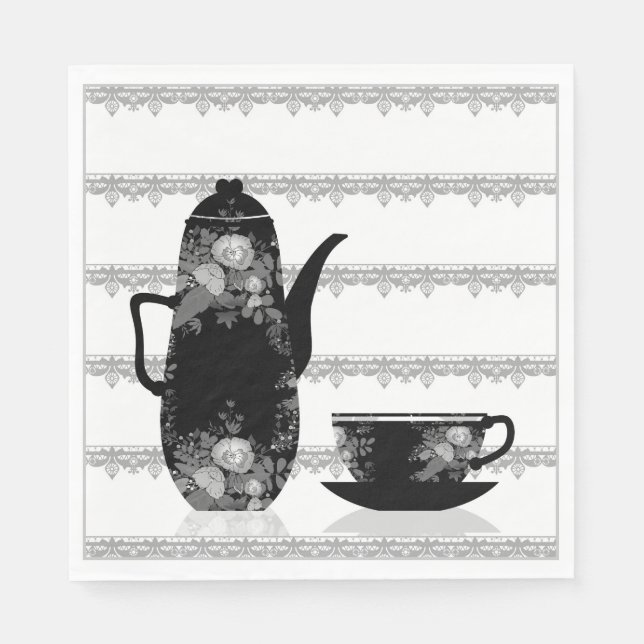Tea coffee pot cup black white illustration retro napkins (Front)