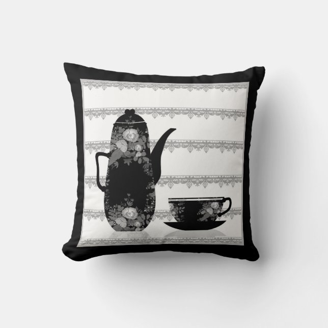 Tea coffee pot cup black white illustration retro throw pillow (Front)