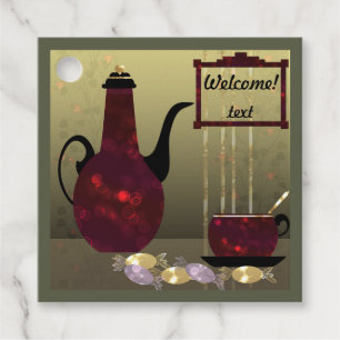 Tea coffee pot cup red glitter illustration retro favor tags