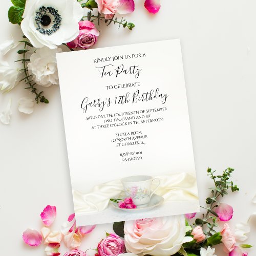 Tea Cup and Pink Roses Birthday Party Invitation