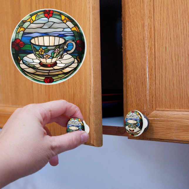 Tea Cup and Saucer Faux Stained Glass  Ceramic Knob (Creator Uploaded)