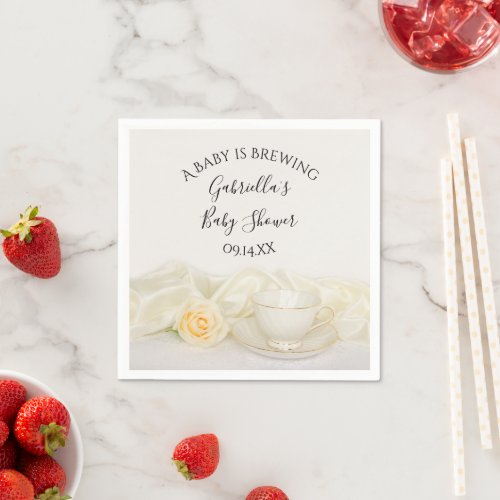 Tea Cup and White Rose Baby is Brewing Shower Napkins