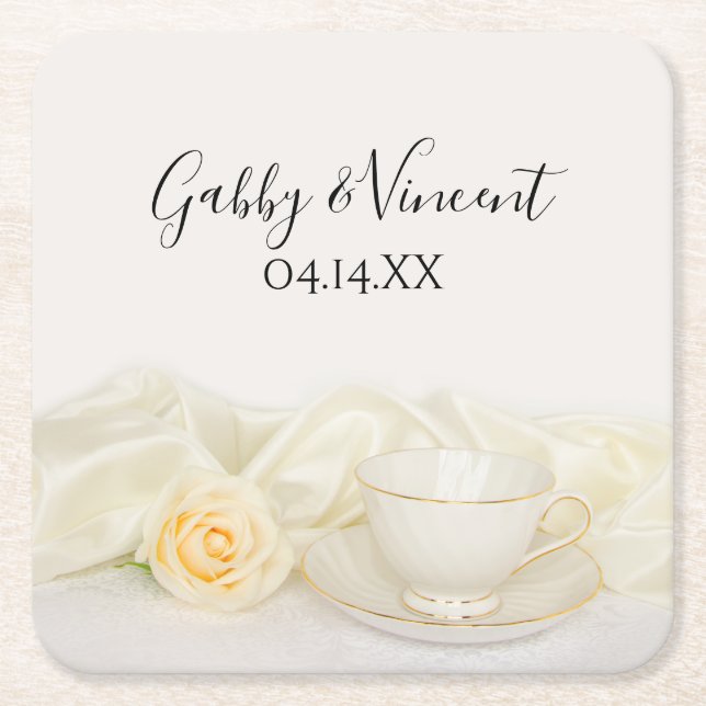 Tea Cup and White Rose Wedding Square Paper Coaster (Front)