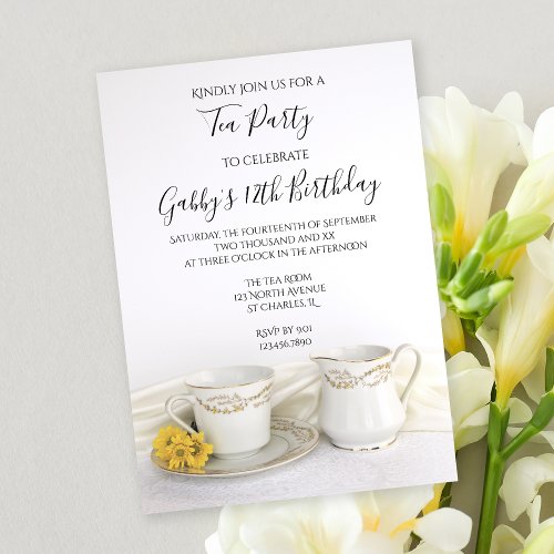 Tea Cup and Yellow Daisies Birthday Tea Party Invitation