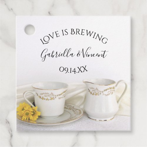 Tea Cup and Yellow Daisies Love is Brewing Wedding Favor Tags