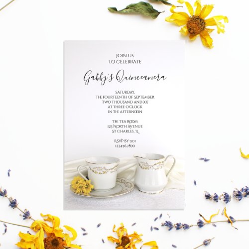 Tea Cup and Yellow Daisies Quinceanera Party Invitation