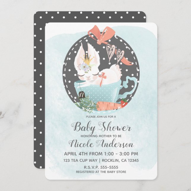 Tea Cup Bunny Rabbit Watercolor Baby Shower Invitation (Front/Back)