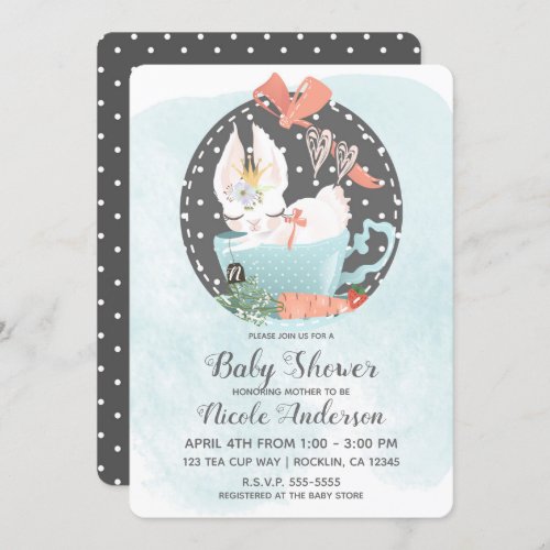 Tea Cup Bunny Rabbit Watercolor Baby Shower Invitation