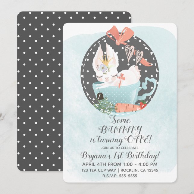 Tea Cup Bunny Rabbit Watercolor Birthday Party Invitation (Front/Back)