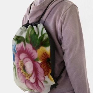 Tea Cup Floral Bouquet Drawstring Backpack