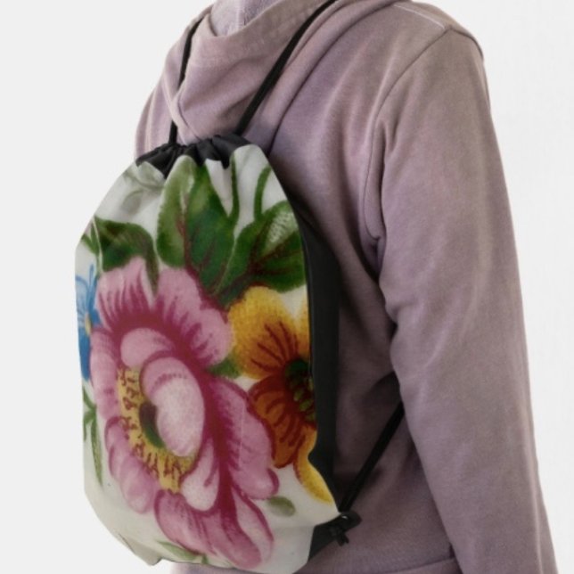 Tea Cup Floral Bouquet Drawstring Backpack (Made from 100% polyester constructed with reinforced black trim,  solid black back. 
)