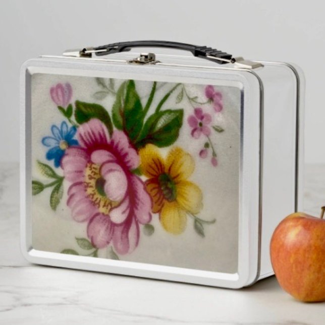 Tea Cup Floral Bouquet Metal Box (Metal lunch box D: 6.75” l x 8.625” w x 3.75” h. 12 oz. Food safe tin plate. Choice of 6 base colors)