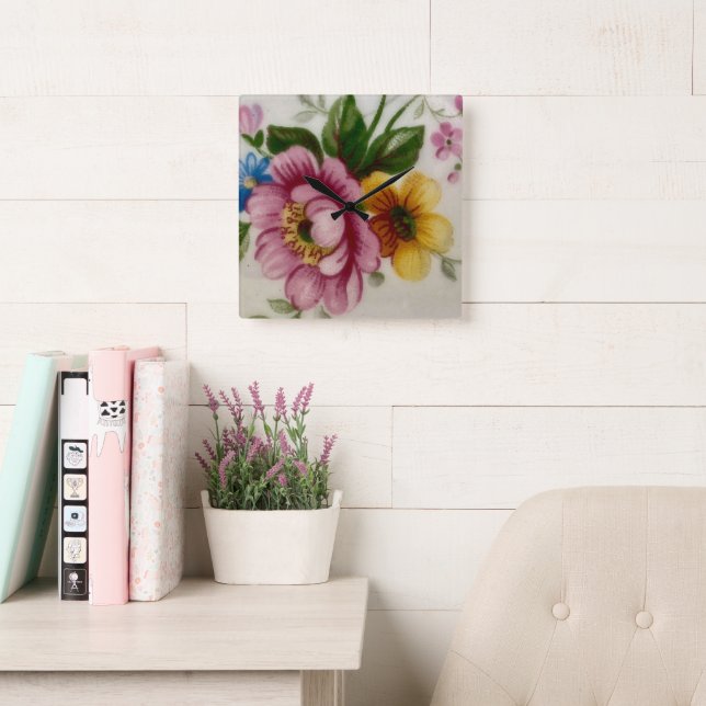 Tea Cup Floral Bouquet Square Wall Clock (Reading Room)