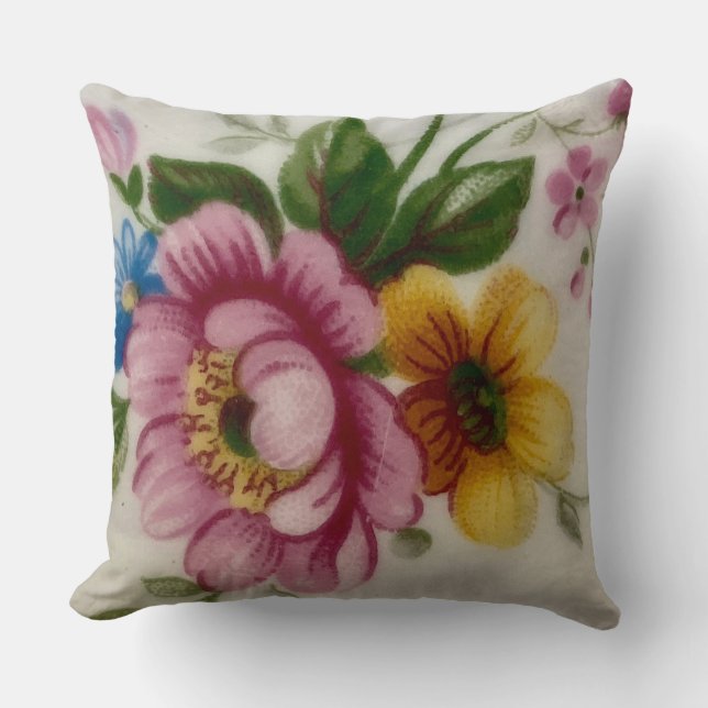 Tea Cup Floral Bouquet Throw Pillow (Front)