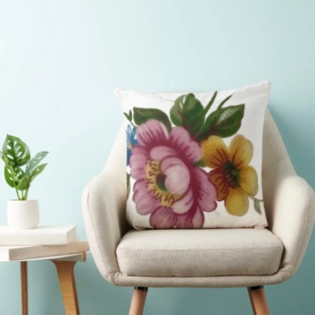 Tea Cup Floral Bouquet Throw Pillow (Sophisticated monogramed throw pillow with an elegant floral design. )