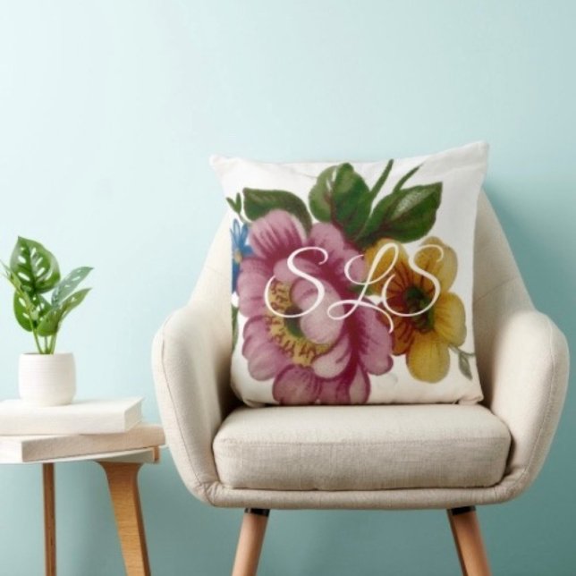 Tea Cup Floral Bouquet Throw Pillow (Sophisticated monogramed throw pillow with an elegant floral design. 
)