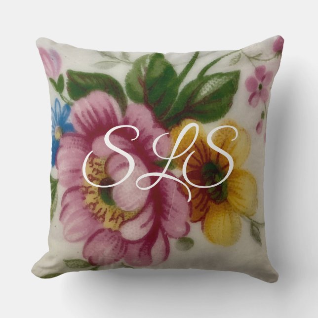Tea Cup Floral Bouquet Throw Pillow (Front)