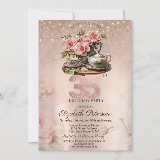  Tea Cup Flowers Glitter Rose Gold 35th Birthday   Invitation (Front)