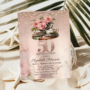 Tea Cup Flowers Glitter Rose Gold 50th Birthday Invitation