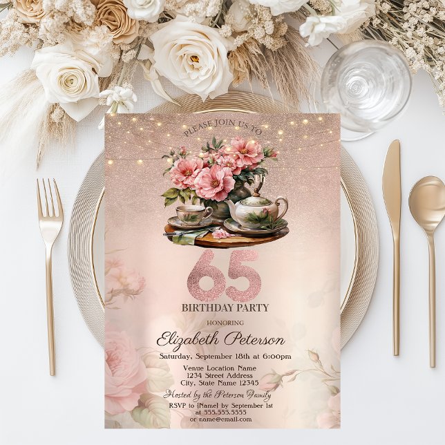  Tea Cup Flowers Glitter Rose Gold 65th  Invitation (Creator Uploaded)