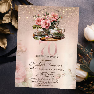 Tea Cup Flowers Glitter Rose Gold 70th Birthday Invitation