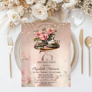 Tea Cup Flowers Glitter Rose Gold 75th Birthday Invitation