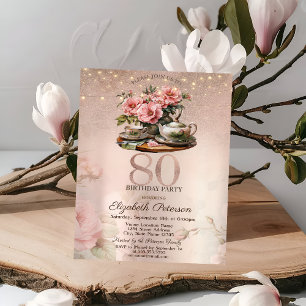 Tea Cup Flowers Glitter Rose Gold 80th Birthday Invitation