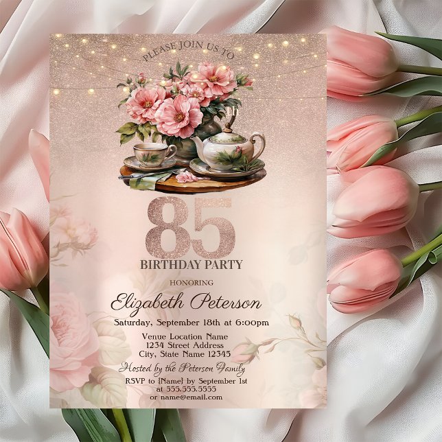  Tea Cup Flowers Glitter Rose Gold 85th Birthday   Invitation (Creator Uploaded)