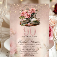  Tea Cup Flowers Glitter Rose Gold 90th Birthday  