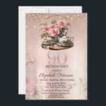 Tea Cup Flowers Glitter Rose Gold 90th Birthday   Invitation<br><div class="desc">A modern,  chic and glamorous invitation with an elegant gold tiara,  string lights,  tea cup and flowers.</div>