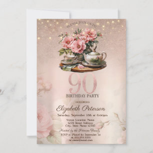 Tea Cup Flowers Glitter Rose Gold 90th Birthday Invitation
