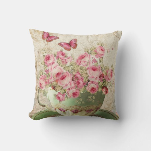 Tea cup flowers throw pillow (Front)