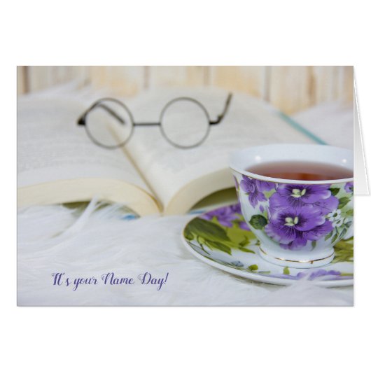 tea cup on fur for Name Day Cards (Front Horizontal)