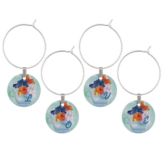 TEA CUP PANSIES WEDDING GIFT WINE GLASS CHARM (Staggered)