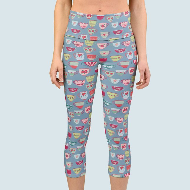 Tea Cup Pattern Blue Capri Leggings (Teacup pattern fun yoga pants capri leggings)