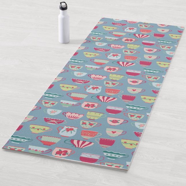 Tea Cup Pattern Blue Yoga Mat (Teacup pattern fun yoga mat)