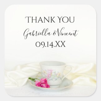 Tea Cup Pink Roses Wedding Thank You Favor Tag