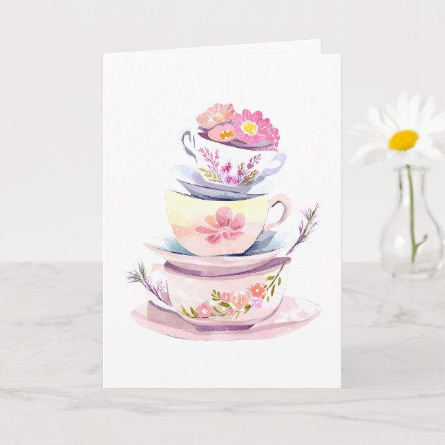 Tea cup stack in pastel with flowers happy birthda card (Small Plant)