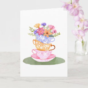 Tea cup stack in pastels with flowers get well card