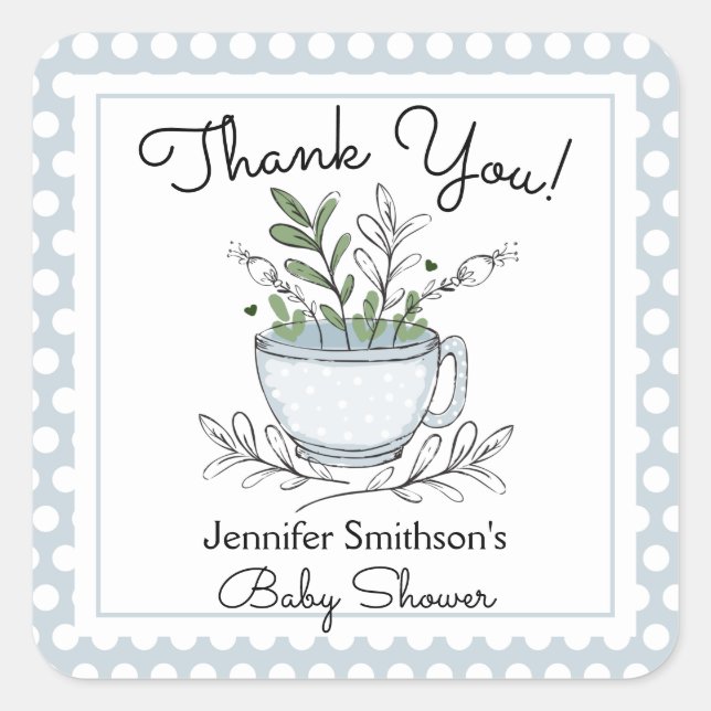 Tea Cup Tea Party Baby Shower Thank You Square Sti Square Sticker (Front)