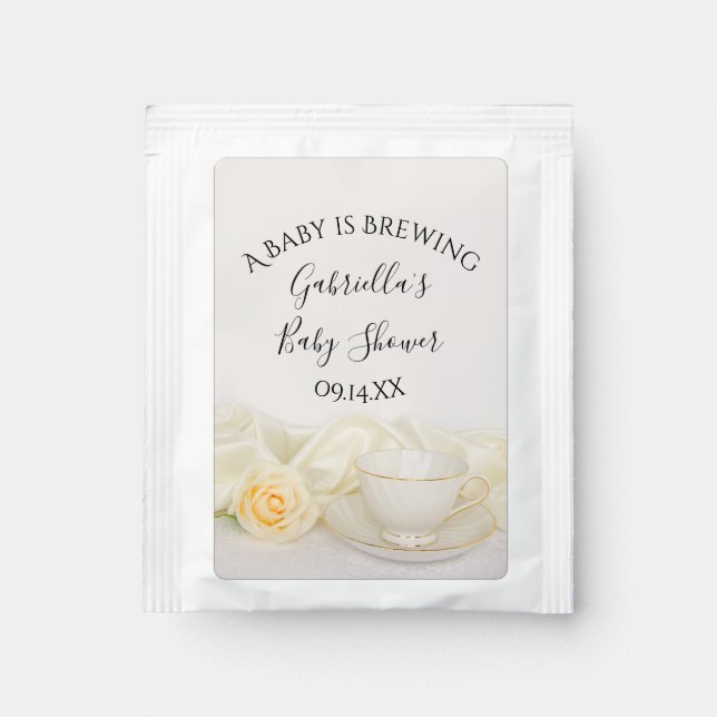 Tea Cup White Rose Baby is Brewing Shower Favor Bag Drink Mix (Front)