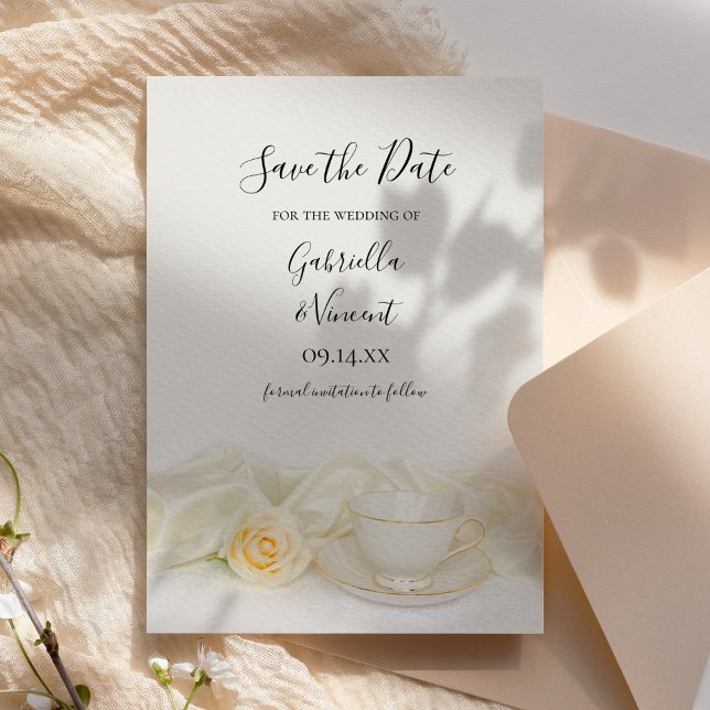 Tea Cup White Rose Flower Wedding Save the Date (Creator Uploaded)